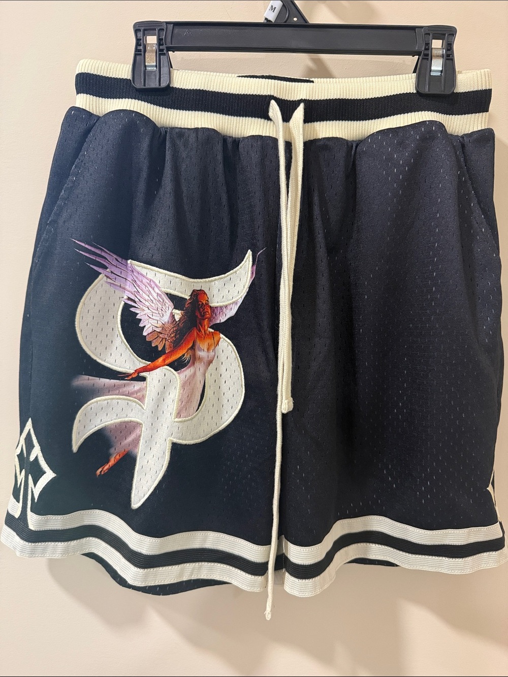 Black Athletic Mesh Shorts with Angel Patch and Contrast Trim